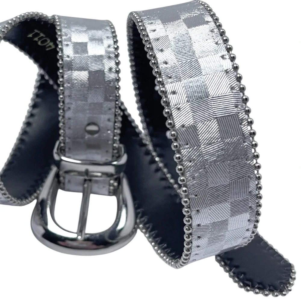 VTG Elite USA Silver Metallic Checkered Belt Disco Y2K Geometric‎ Sz Small Punk